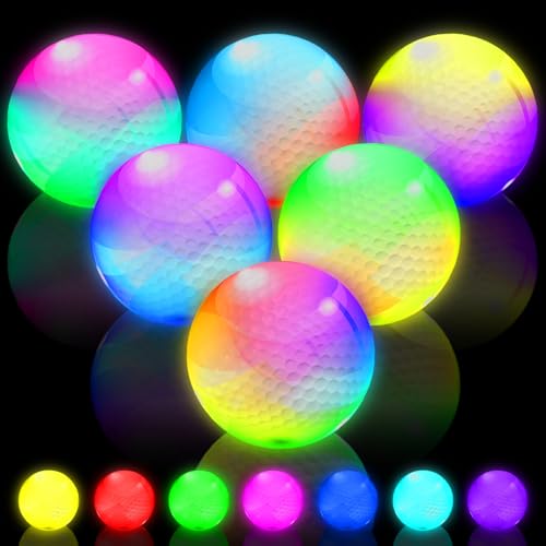 THIODOON Glow in The Dark Golf Balls with 7 Colors Keep Changing and Timer Resets Every Striking Light up LED Golf Balls 48 Hours Battery Life Glowing Golf Ball for Night Golfing 6 Pack