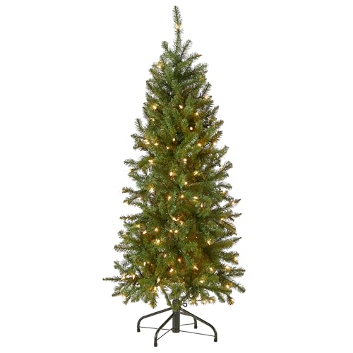 National Tree Company Artificial Pre-Lit Slim Christmas Tree, Green, Kingswood Fir, White Lights, Includes Stand, 4.5 Feet