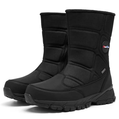 SILENTCARE Men's Winter Waterproof Snow Boots Warm Slip On Mid-Calf Booties Lightweight Outdoor Athletic Shoes Black 9 US