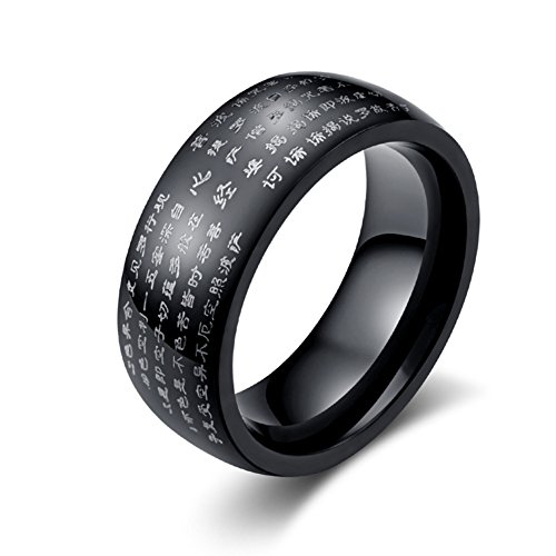 JAJAFOOK Men's Titanium Steel Chinese Heart Sutra Engraved Buddhist Ring Band, Black and Gold