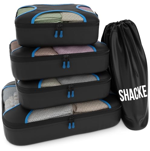 Shacke Pak - 5 Set Packing Cubes - Travel Organizers with Laundry Bag (Black/Blue)