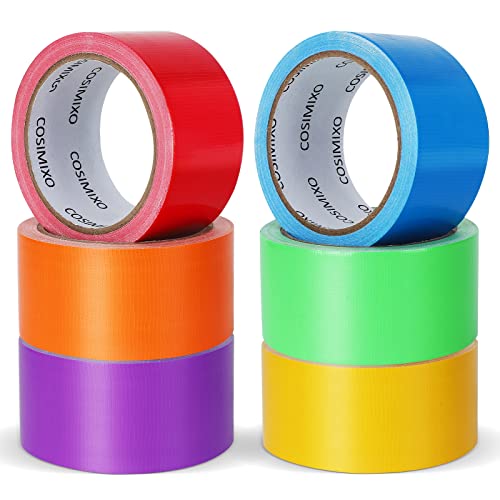 COSIMIXO 6-Pack Rainbow Colored Duct Tape 15 Yards x 2 Inch Heavy Duty, No Residue, Tear by Hand & Waterproof,Great for Packaging, Arts & Crafts, Color-Coding, and DIY Projects