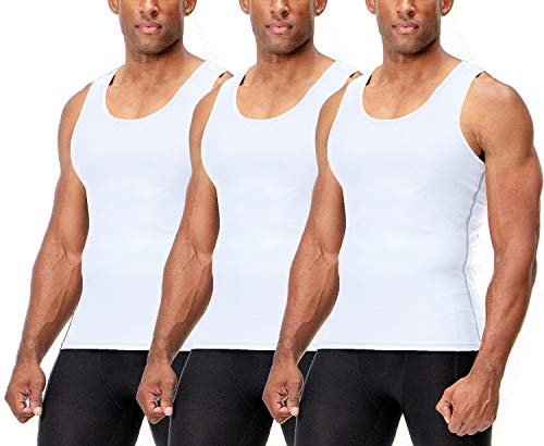 DEVOPS 3 Pack Men's Muscle Dry Fit Compression Tank Top (Large, White/White/White)