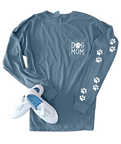Women Dog Mom Shirt Funny Dog Paw Graphic Pullover Puppy Pocket Tee Casual O-Neck Long Sleeve Top (Blue, X-Large)
