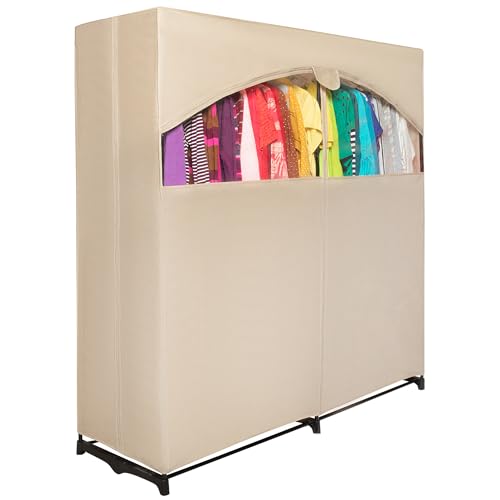 HOLDN’ STORAGE Portable Wardrobe Closet for Hanging Clothes with Beige Cover, Large - Heavy Duty Hanging Rod with 50 Lb. Weight Capacity- Super Easy Assembly, No Tools Required