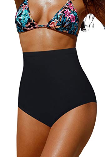 Upopby Women's High Waisted Swimsuit Bikini Bottoms Tummy Control Tankini Bottoms Swim Shorts Black L