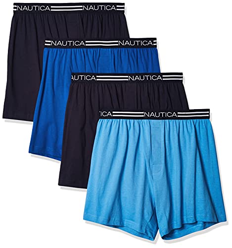Nautica mens Classic Cotton Loose Knit Boxer Shorts, Peacoat/Aero Blue/Sea Cobalt- 4 Pack, Large US