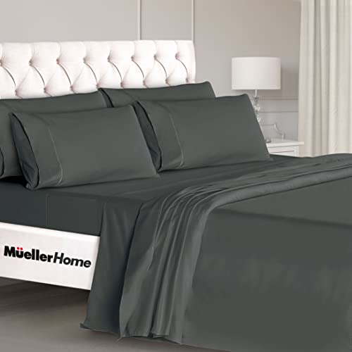 Mueller Ultratemp King Size Sheets Set, Super Soft 1800, 6 Piece, Deep Pocket up to 16' Bed Sheets, Transfers Heat, Breathes Better, Hypoallergenic, Wrinkle, Dark Grey