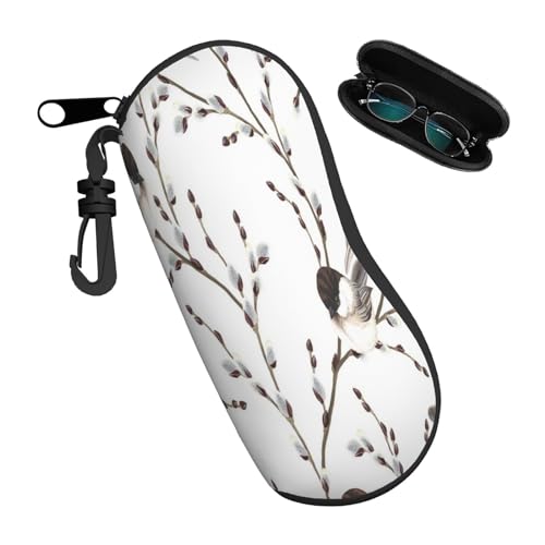 AOYEGO Bird Sunglasses Soft Case Willow Branches and Birds Chickadee Ultra Light Neoprene Zipper Eyeglass Case with Clip for Men Women