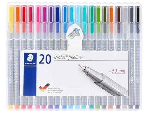 STAEDTLER triplus fineliner, 0.3mm metal-clad tip, ergonomic triangular barrel, for writing, drawing and coloring, set of 20 fineliners, 334 SB20