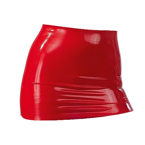 EXLATEX Women's Latex Rubber Gummi Black Mini Skirt (Large, Red)