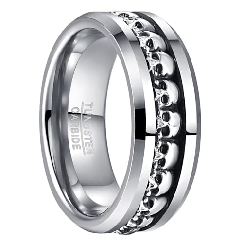 NUNCAD Punk Skull Rings for Men 925 Sterling Silver Skulls Inlay Silver Tungsten Engagement Ring Wedding Band Comfort Fit Size 9