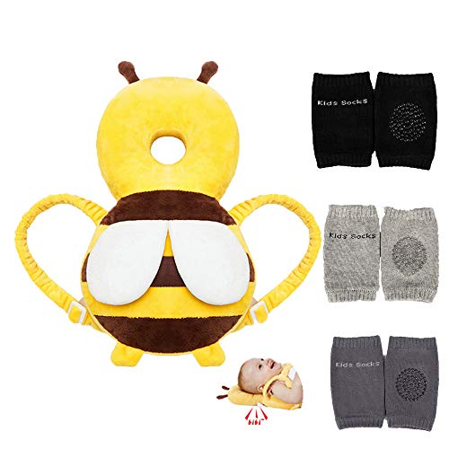 Feidoog Baby Head Protector Cushion Backpack with 3 Baby Knee Pads for Walking & Crawling,Bee