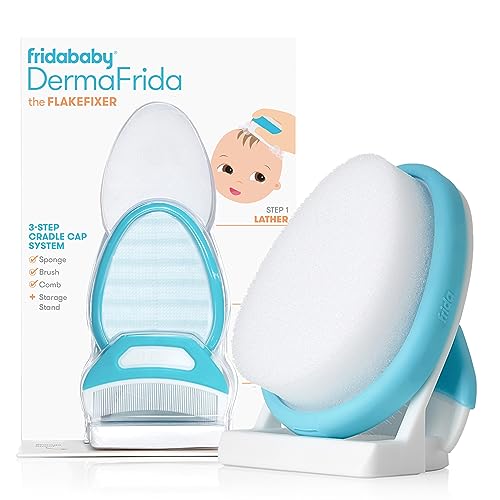 Frida Baby The 3-Step Cradle Cap System, DermaFrida The FlakeFixer, Sponge, Brush, Comb and Storage Stand for Babies with Cradle Cap, White-Blue
