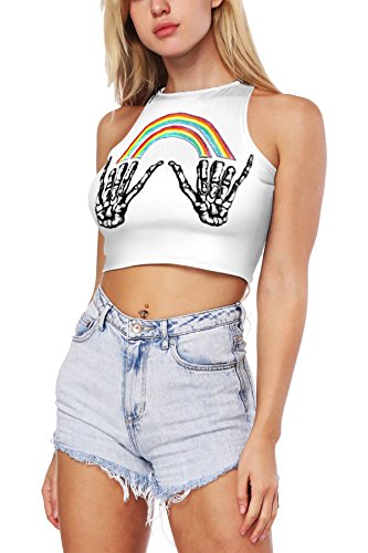 Womens Ethnic Printed High Neck Crop Top Cami Tank Top Shirt (Rainbow Skull Finger)