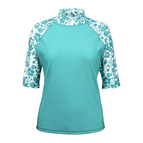 UV SKINZ Women’s Aloha Short Sleeve Sun and Swim Shirt with UPF 50+ Sun Protection – Womens Short Sleeve Rash Guard-Teal Aloha-2XL