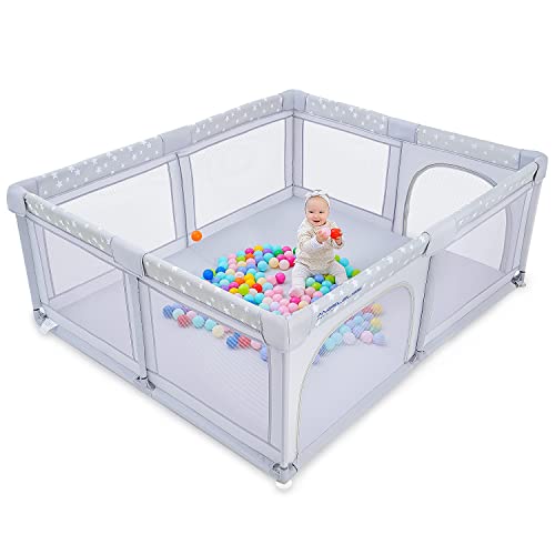 Baby Playpen, ANGELBLISS Playpen for Babies and Toddlers, Extra Large Play Yard with Gate, Indoor & Outdoor Kids Safety Play Pen Area with Star Print (Grey, 71'×59')