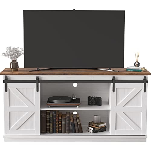 JUMMICO TV Stand for 65 Inch TV, Entertainment Center with Storage Cabinets and Sliding Barn Doors, Mid Century Modern Media TV Console Table for Living Room Bedroom (Bright White)