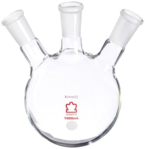 Kimble Chase KIMAX 606020-1424 Borosilicate Glass Three-Neck Round Bottom Distilling Flask, Side Necks Angled, 1000 ml Capacity