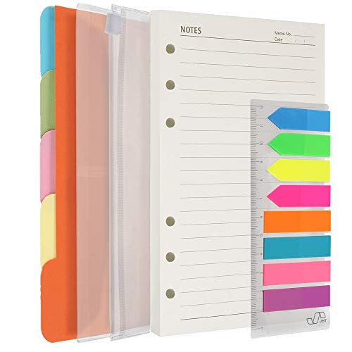 A5 Refill Paper, 200 Lined Pages, 5 Tabs Binder Divider, 160 PCS Index Tabs with Ruler, 2 PCS PVC Pockets, Binder Inserts for Refillable Planner Organizer