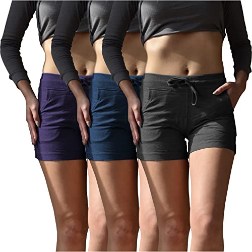 Sexy Basics Women's 3 Pack Active Wear Lounge Yoga Gym Casual Sport Shorts (3 Pack- Black/Heather Slate Blue/Heather Purple, Large)
