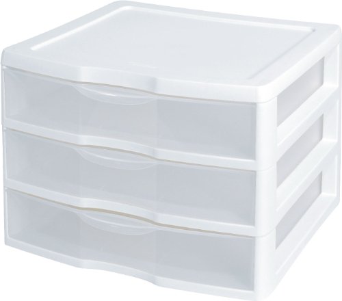 Sterilite 20938003 Wide 3 Drawer Unit, White Frame with Clear Drawers, 3-Pack