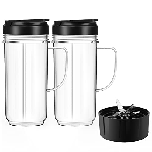 2 Pack Magic Bullet Blender Cups, Tall 22oz Cups Mugs Flip Top To-Go Lids & 4 Fins Cross Blade with Gasket Handle Replacement Part Compatible Magic Bullet Blender Juicer Mixer Accessories 250W MB1001