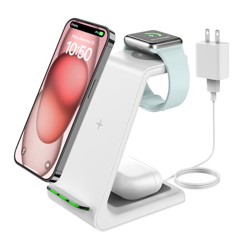 Wireless Charging Stand, GEEKERA 3 in 1 Wireless Charger Dock Station for iPhone 15 14 13 12 11 Pro Max Plus XR XS 8 Plus, Apple Watch Ultra/9/SE/8/7/6/5/4/3/2, AirPods Pro/3