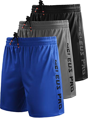 NELEUS Men's 7' Workout Running Shorts with Pockets,6056,3 Pack,Black,Grey,Blue,US M,EU L