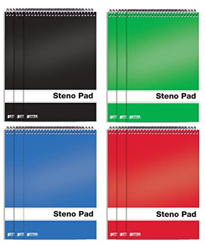Better Office Products Spiral Steno Pads, 12 Pack, 6 x 9 inches, 80 Sheets, White Paper, Gregg Rule, Assorted Solid Colors (Red, Black, Blue, Green), 12 Steno Notebooks