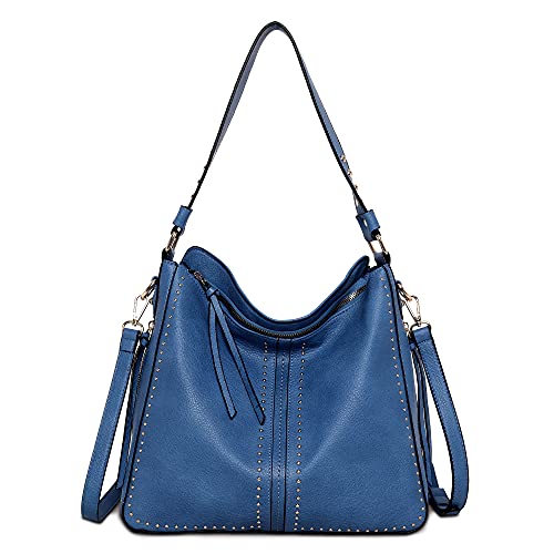 Large Hobo Handbag for Women Studded Leather Shoulder Bag With Crossbody Strap MWC-1001 BLUE