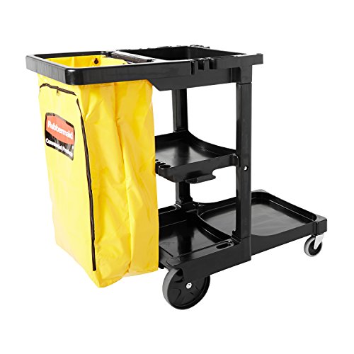 Rubbermaid Commercial Traditional Janitorial 3-Shelf Cleaning Cart, Wheeled with Zippered Yellow Vinyl Bag, for Stores, Schools, and Business, Black , 38.4' x 21.8' x 46' (FG617388BLA)