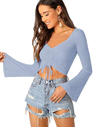 SweatyRocks Women's Adjustable Drawstring String Long Bell Sleeve Rib Knit Sexy Crop Top Light Blue L