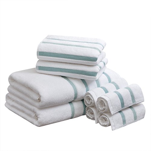 Comfort Spaces Cotton 8 Piece Bath Towel Set Striped Ultra Soft Hotel Quality Quick Dry Absorbent Bathroom Shower Hand Face Washcloths, Multi-Sizes, Zero Twist Aqua 8 Piece