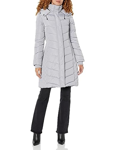Kenneth Cole Women's Quilted Puffer Jacket with Faux Fur Trimmed Hood, LT Grey