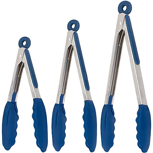 Silicone Kitchen Tongs with Silicone Tips, Set of 3 Heat Resistant Tongs for Serving Food, 7-Inch, 9-Inch, 12-Inch Locking Silicone Tongs for Cooking Tongs, Salad Tongs, Blue Kitchen Utensils