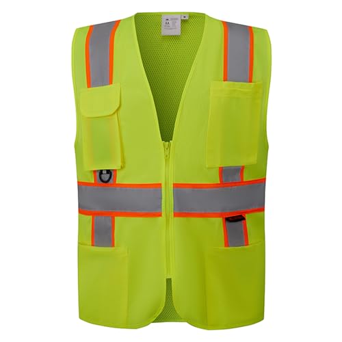 3C Products SV2300, ANSI/ISEA Class 2, Safety Tricot/Mesh Vest, Reflective w/Orange binding, Zipper, Pockets, Neon Green,M