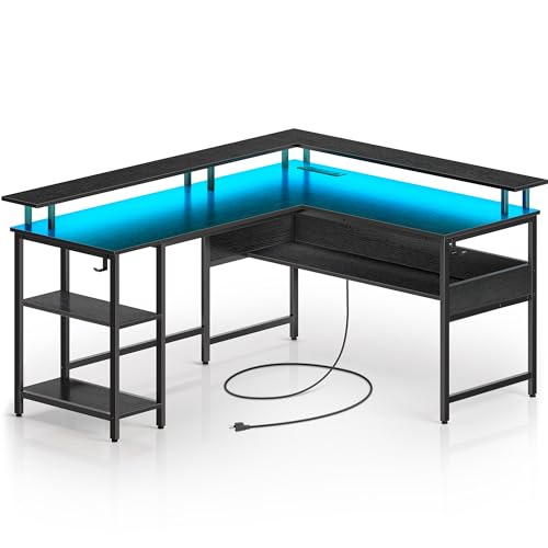 Rolanstar Computer Desk L Shaped 59.4' with LED Lights and Power Outlets, Reversible L Shaped Gaming Desk with Monitor Stand, Home Office Desk with Storage, Desk with USB Port and Hook, Black