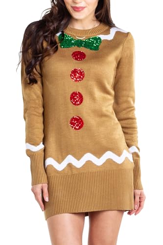 Tipsy Elves Women's Gingerbread Sweater Dress - Brown Ugly Christmas Sweater Dress: Medium