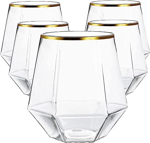 40 count Diamond Unbreakable Stemless Plastic Wine Champagne Whiskey Glasses Elegant Durable Disposable Indoor Outdoor Ideal for Home, Office, Bars, Wedding, 12 Ounce Cups Gold Rim (Gold)