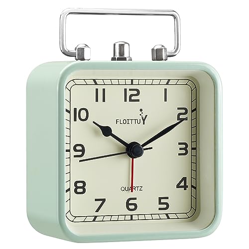 FLOITTUY Square Metal Beep Alarm Clock Silent No Ticking, Snooze and Battery Operated, Night Light and Desk Clock for Bedroom/Travel/Kids, Easy Set(Green)