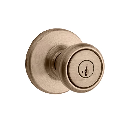 Kwikset Tylo Entry Door Knob with Lock and Key, Secure Keyed Handle Exterior, Front Entrance and Bedroom, Antique Brass, Pick Resistant SmartKey Rekey Security and Microban