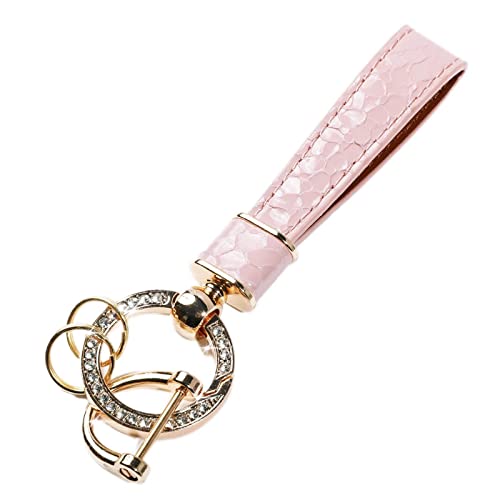 VAGURFO Leather Car Keychain,Key Fob Keychain Holder with 3 Keyrings, Anti-lost D-ring and Bling Metal Clip (Pink)