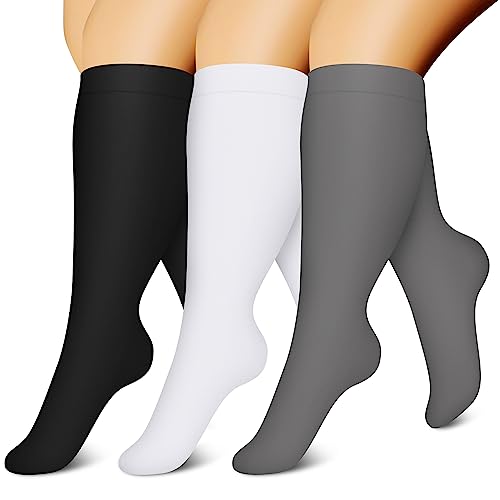 CHARMKING 3 Pairs Plus Size Compression Socks for Women and Men 15-20 mmHg Wide Calf, Extra Large, Boost Performance, All Day Comfort (2X-Large, Black/White/Grey)