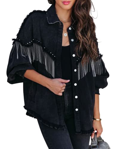 Daacee Casual Frayed Tassel Black Denim Jacket for Women Fashion Fringe Rhinestone Cowgirl Jean Coats(0191-Black-S)
