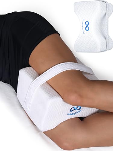 Everlasting Comfort Knee Pillow for Side Sleepers - Dual Concave Design Aligns Spine and Relieves Pressure - Memory Foam Leg Pillow w/Strap for Back, Hip, Sciatica Pain Relief - Wedge Pillow for Legs