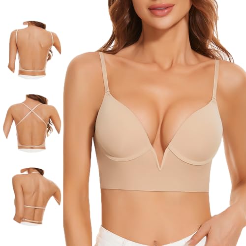 Uoolerp Women Low Back Bras-Invisible Backless Bra-Seamless Secret Plunge Bra No Show Bra Multiway Low-Cut Deep-V Halter Bra (Nude, XL)