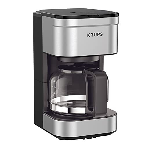 Krups Simply Brew Stainless Steel Drip Coffee Maker 5 Cup, Keep Warm Function, Reusable Coffee Filter, Ultra Compact 650 Watts, Drip Free, Pour Over, Cold Brew, Dishwasher Safe Pot, Silver and Black