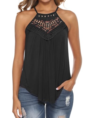 Womens Lace Tank Tops Summer Boho Sleeveless Pleated Shirt Vest Camisole Black XL