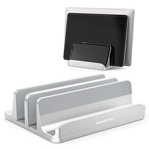 AboveTEK Vertical Laptop Stand, 3 Slots Aluminum Desk Laptop Holder & Laptop Docking Station Stand for MacBook, Tablet, Phone - Universal Fit (Up to 17.3') - Heavy Duty Polished, Anti Slide - Silver
